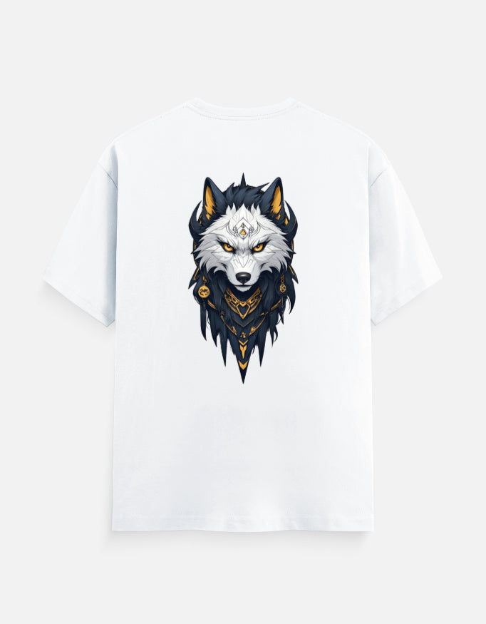 White unisex crew neck t-shirt featuring a detailed wolf head graphic with gold accessories and dark fur accents.