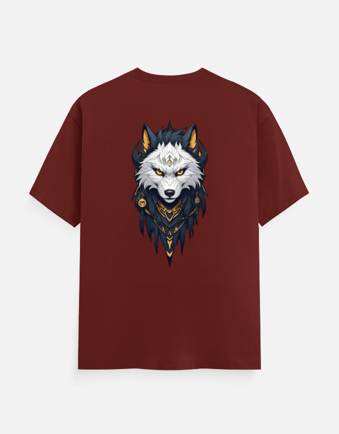 Maroon unisex crew t-shirt featuring a detailed white wolf head graphic with gold ornamental jewelry and piercing yellow eyes.