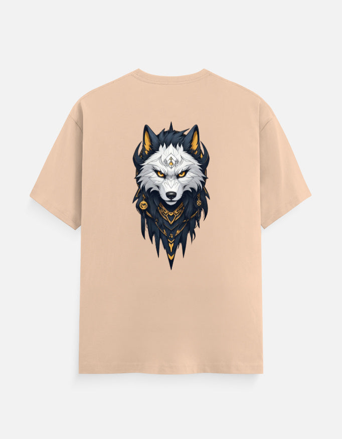 Back of beige unisex crew t-shirt featuring a stylized white wolf head graphic with golden armor details and yellow eyes.