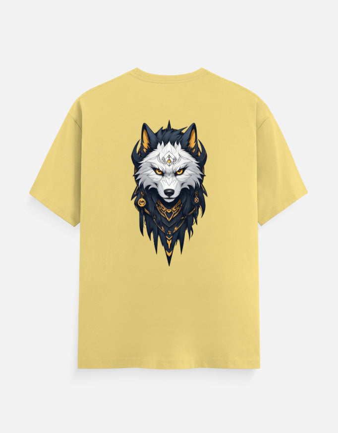 Yellow unisex crew tee back featuring ornate white wolf graphic with gold accents and geometric details.