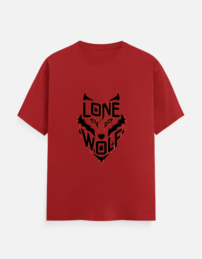 Red unisex crew t-shirt featuring a black "Lone Wolf" graphic with a stylized wolf face design.