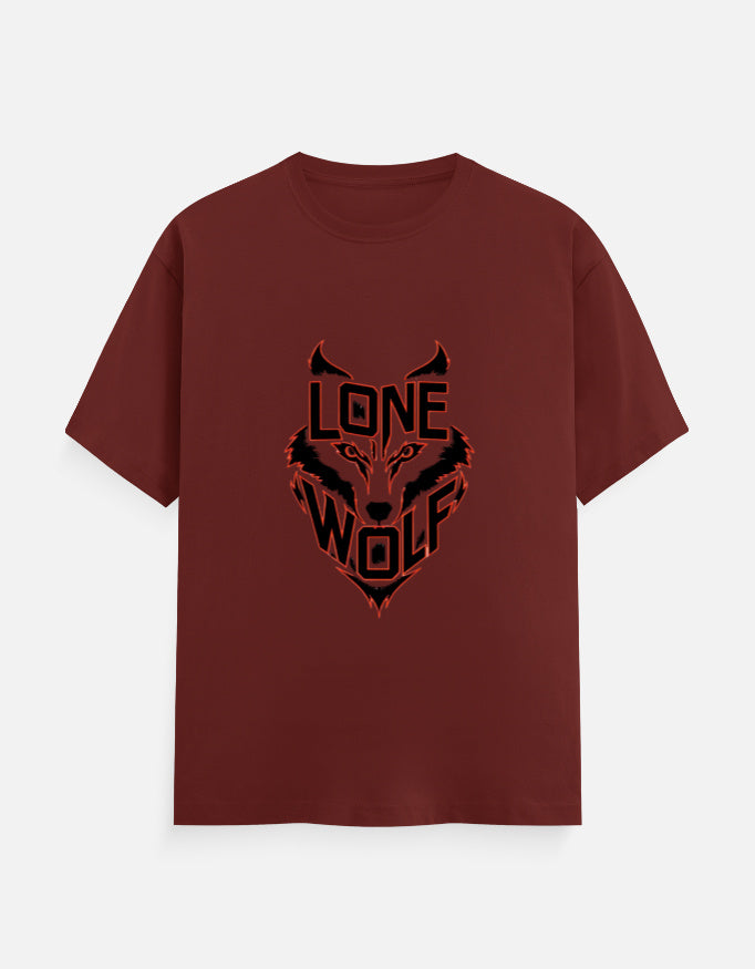 Maroon unisex crew neck t-shirt featuring a black and red Lone Wolf graphic design on 180 GSM cotton fabric.