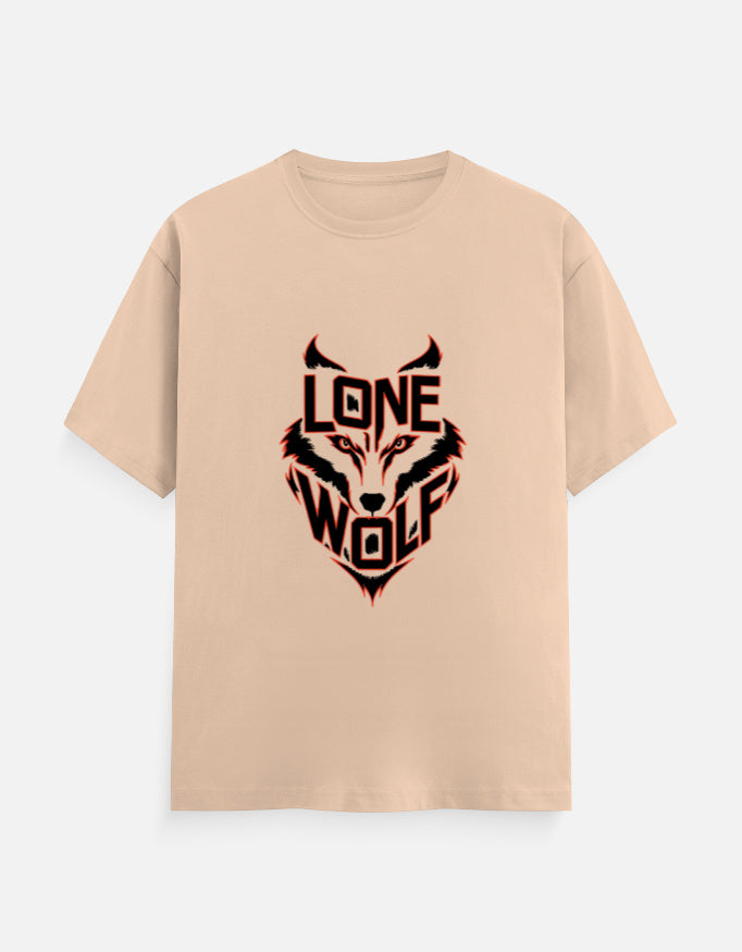 Beige unisex crew neck t-shirt featuring a stylized black and red Lone Wolf graphic design on the front.